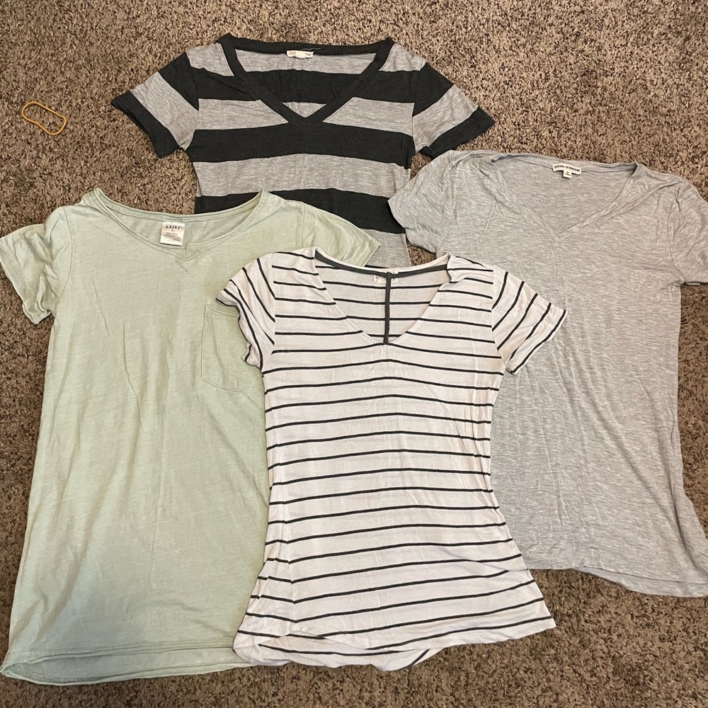 Group of 4 t shirts, striped, colored, and plain bundle package